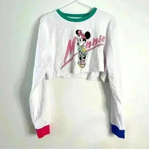 Disney Minnie Mouse Sz XL Women’s Cropped‎ Long Sleeves Shirt White Blue Pink
